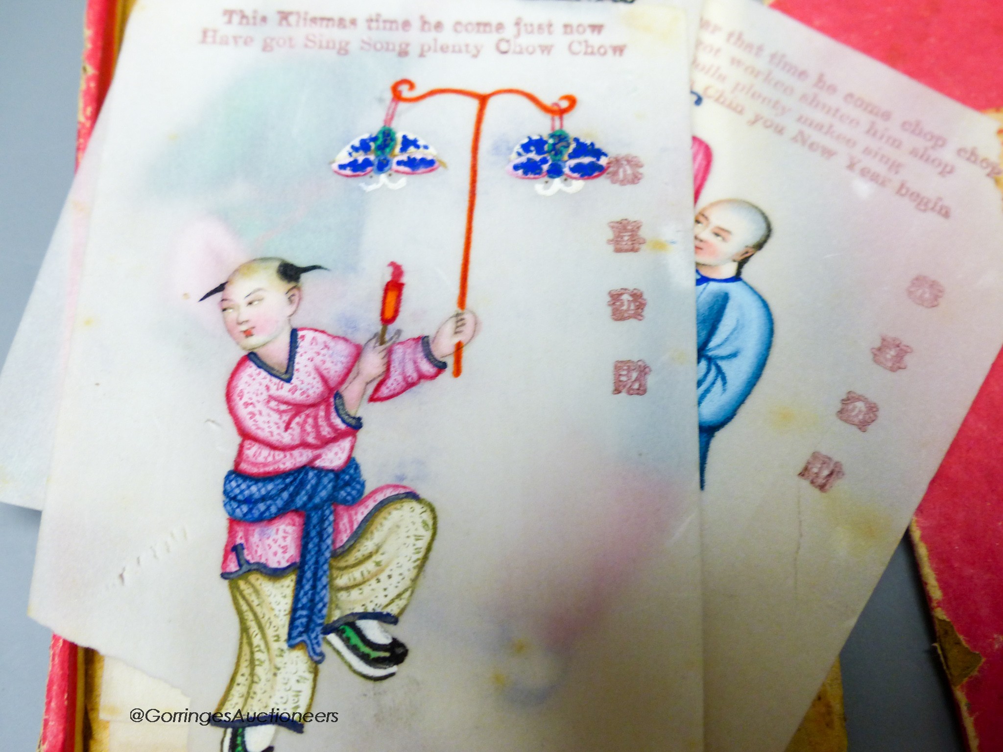 A set of Chinese New Year paintings on rice paper, the box with retailers label for Kwong Manshing Hong Kong, 10.5 x 9 cm